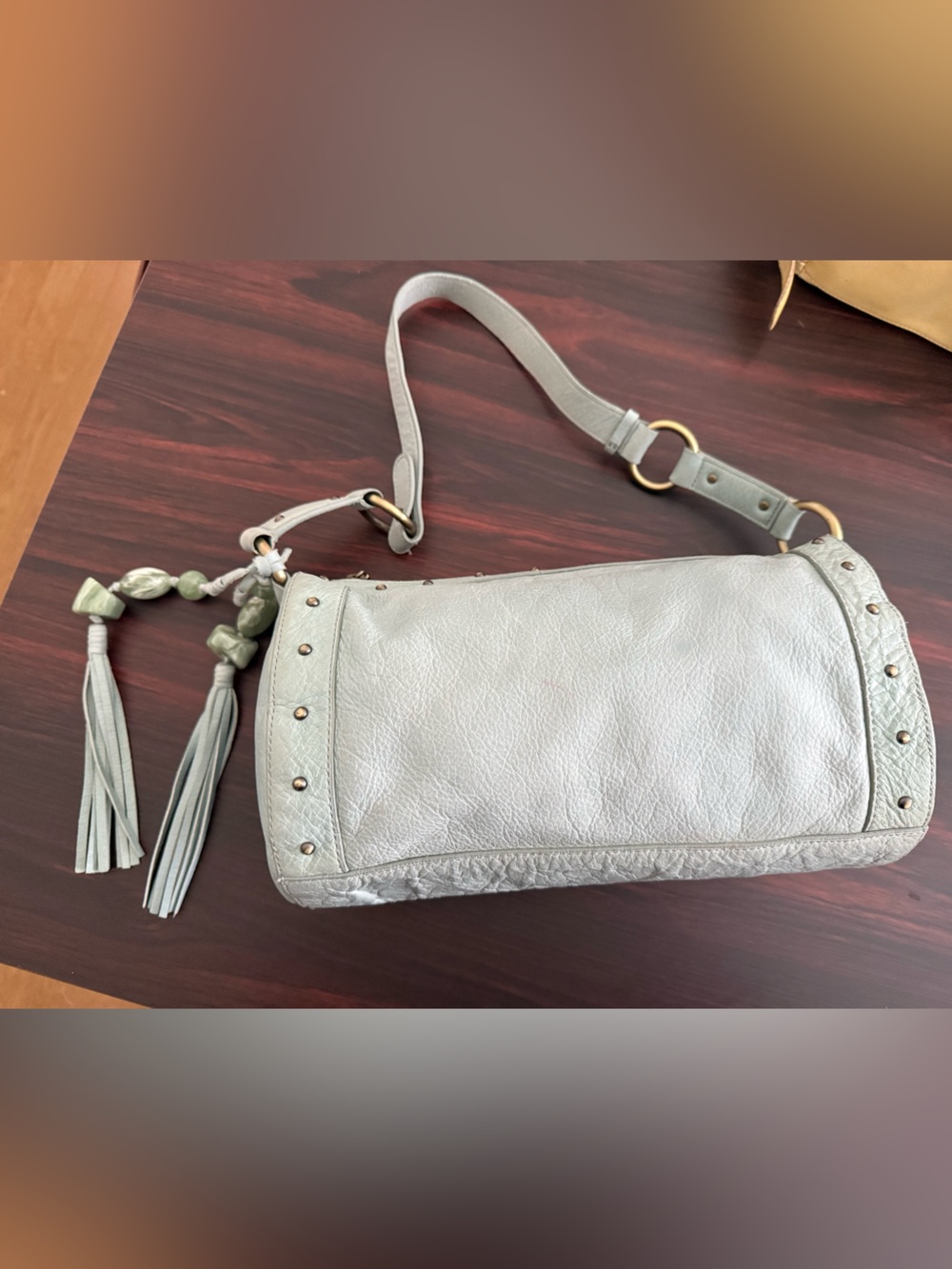Antonio Melani Studded Leather Shoulder Bag Sage Green Very Good Condition